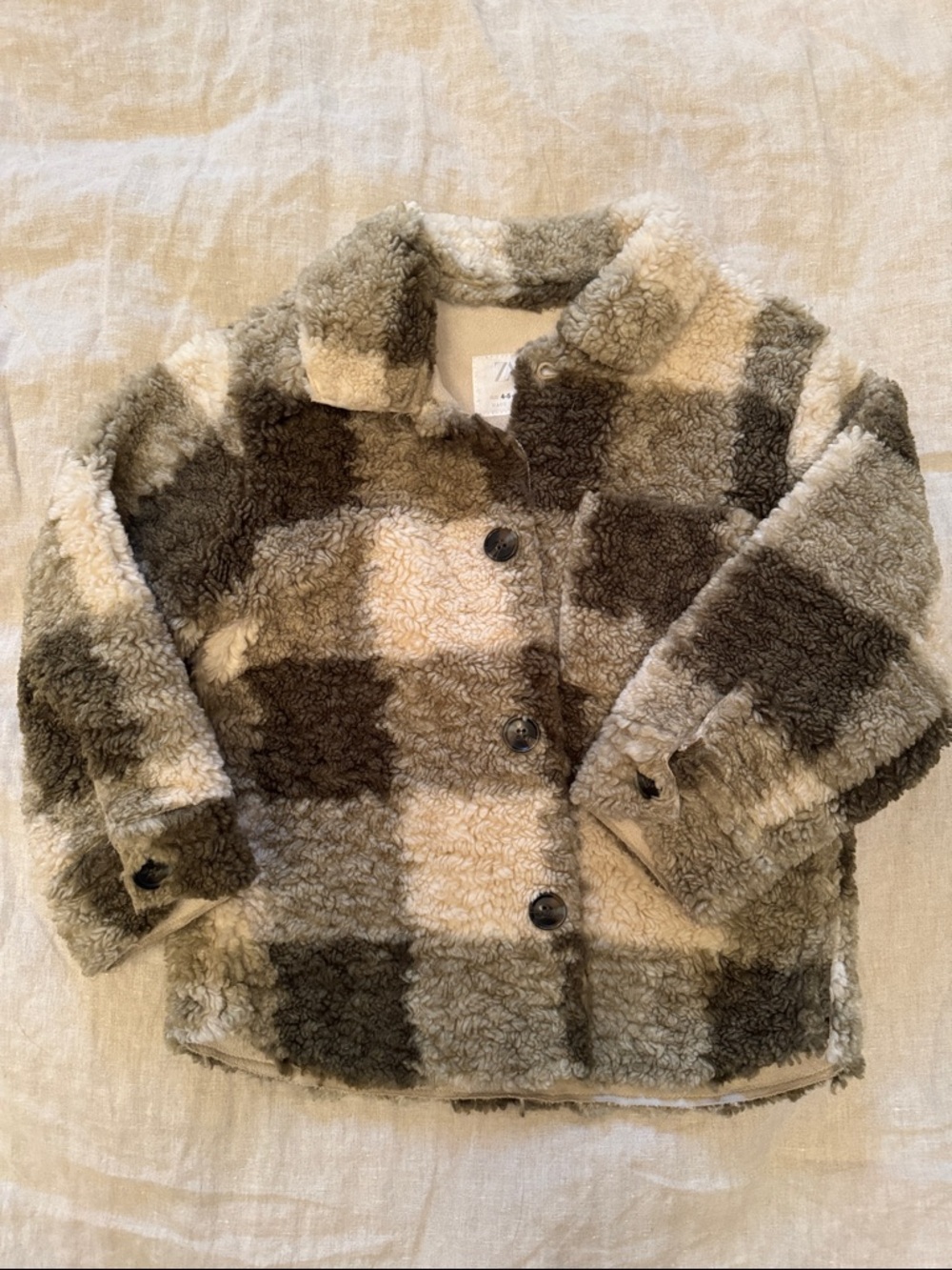 Kids Zara Plaid Sherpa Button-Front Jacket in Cream and Olive